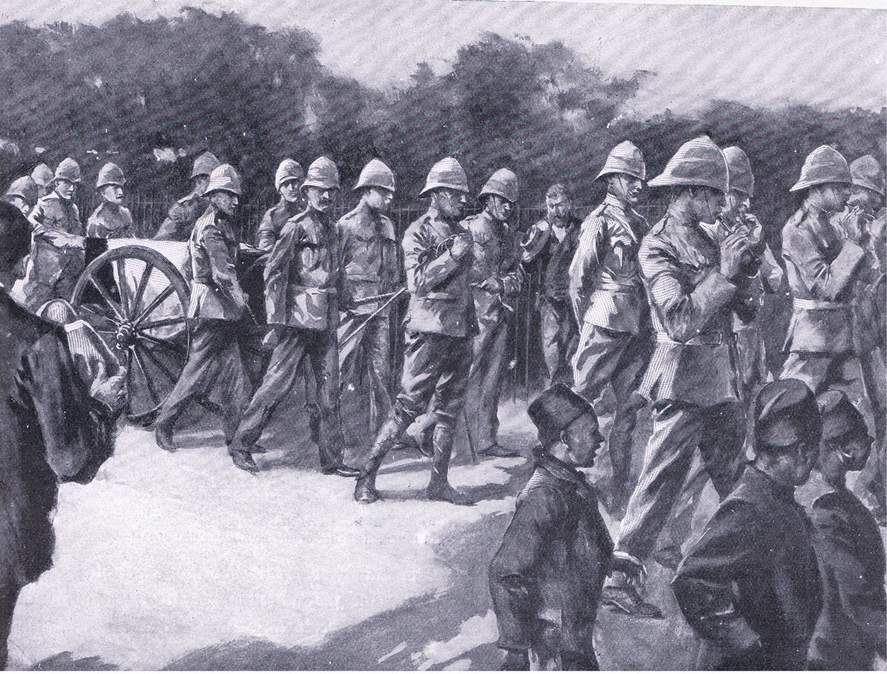 Begrafenis met militaire eer van een Boerengevangene in Simonstown, uit After Pretoria: The Guerilla War gepubliceerd door Harmsworth Bros Limited, 1901 door A. C. Ball