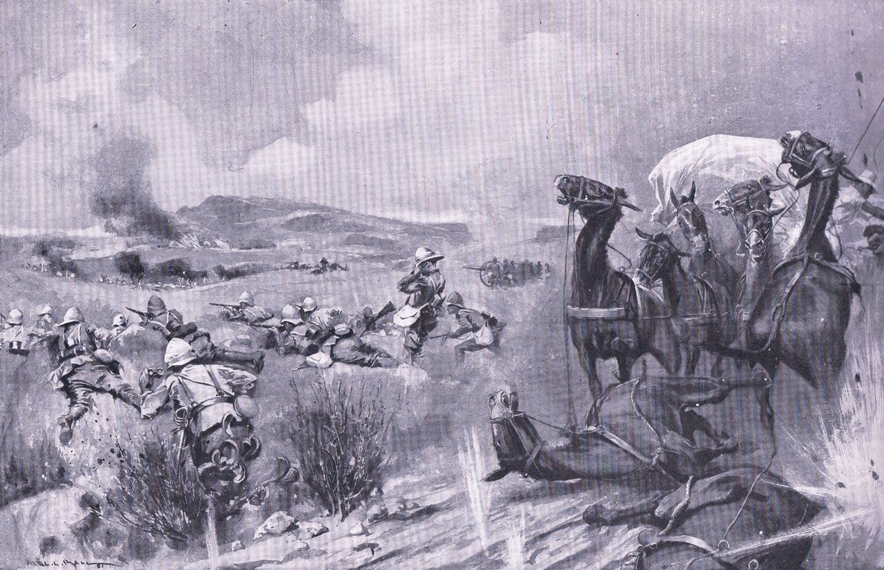 De aanval op het konvooi bij Buffelspoort, illustratie uit Na Pretoria: De Guerrillaoorlog, 1902 door A. C. Ball