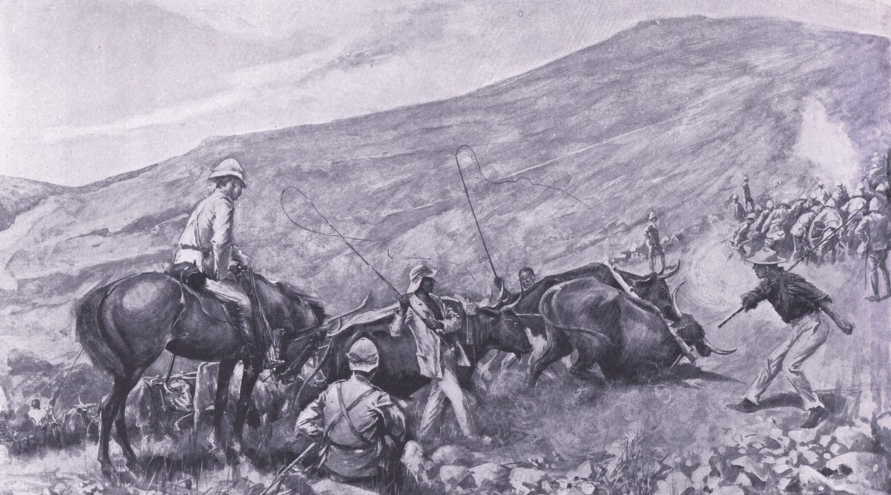 Transportproblemen bij Barberton: Hoe de kanonnen en wagens de bergen op werden gebracht, illustratie uit Na Pretoria: De Guerrillaoorlog, 1902 door A. C. Ball