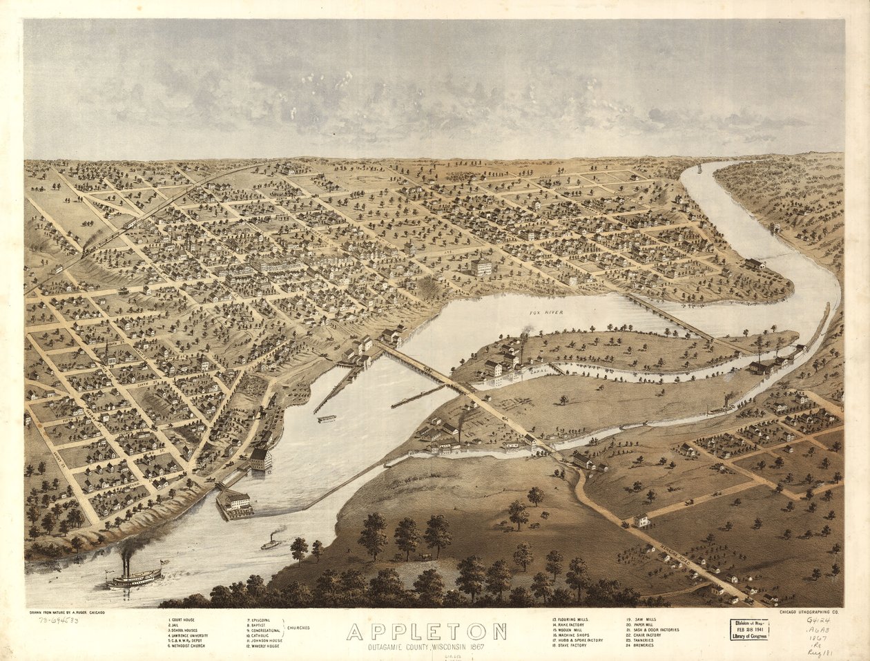 Appleton, Outagamie County, Wisconsin 1867. LOC 73694533 door A.; Chicago Lithographing Co. Ruger