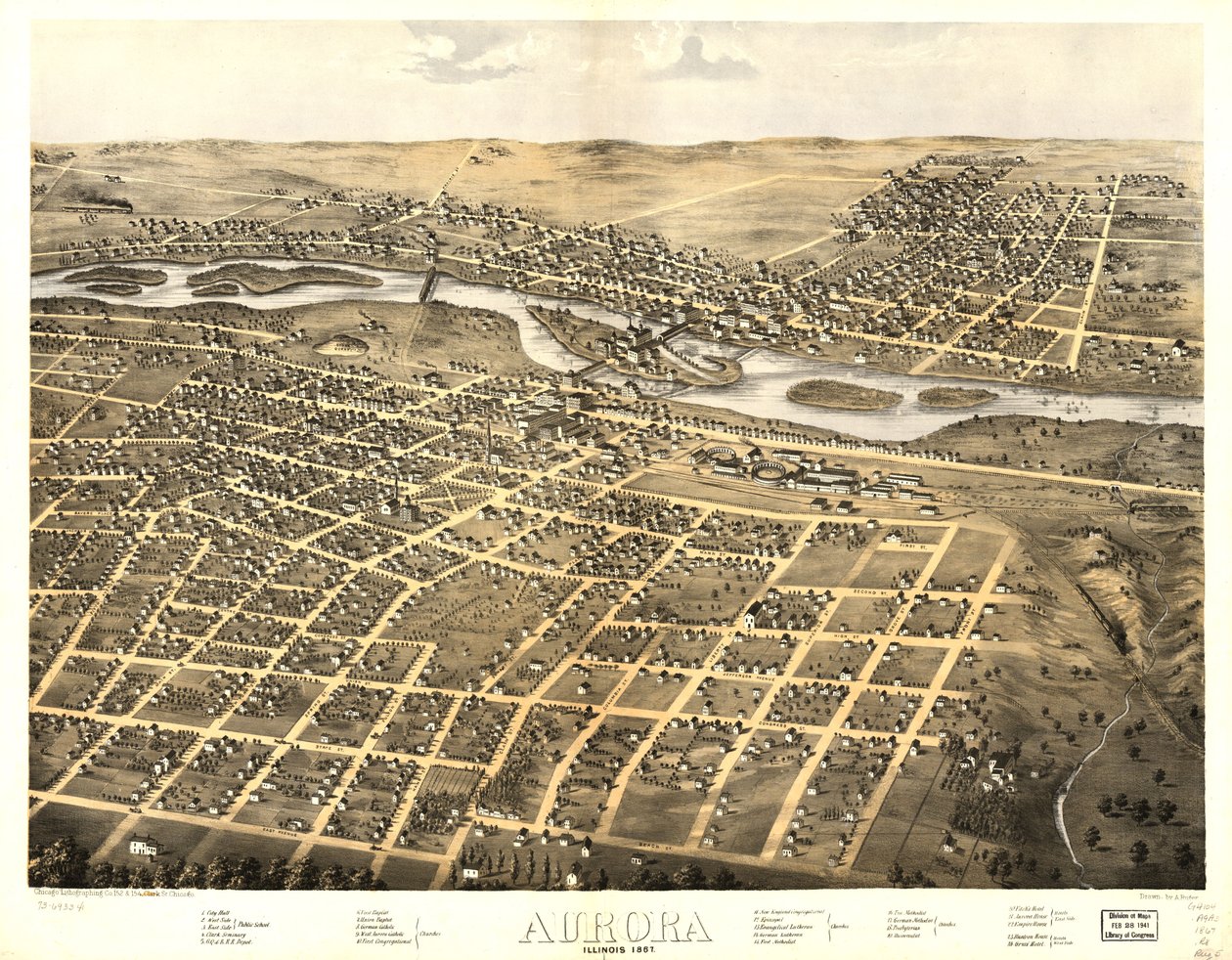 Aurora, Illinois 1867. LOC 73693341 door A.; Chicago Lithographing Co. Ruger
