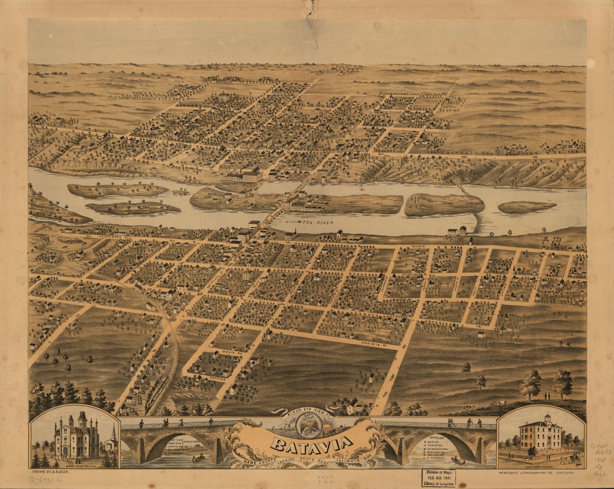 Vogelvlucht van Batavia, Kane County, Illinois, 1869. LOC 73693342 door A.; Chicago Lithographing Co. Ruger