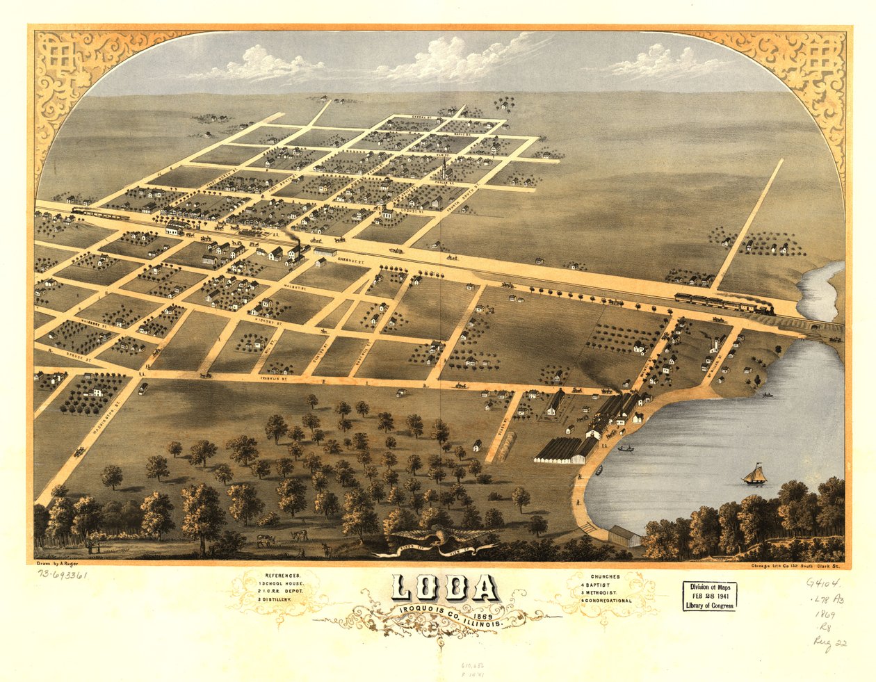 Vogelvlucht van Loda, Iroquois Co, Illinois 1869. LOC 73693361 door A.; Chicago Lithographing Co. Ruger