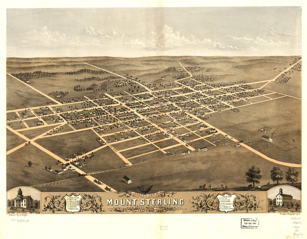 Vogelvluchtperspectief van Mount Sterling, Brown County, Illinois 1869. LOC 73693365 door A.; Chicago Lithographing Co. Ruger
