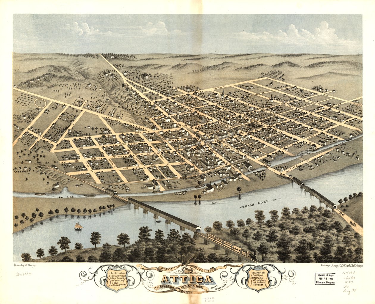 Gezicht in vogelvlucht op de stad Attica, Fountain County, Indiana 1869. LOC 73693378 door A.; Chicago Lithographing Co. Ruger