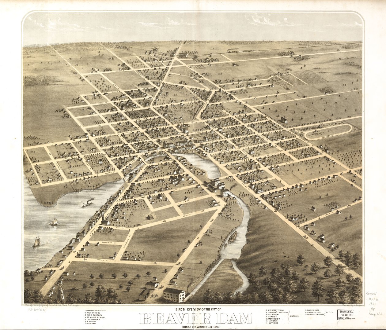 Gezicht in vogelvlucht op de stad Beaver Dam, Dodge Co, Wisconsin 1867. LOC 73694535 door A.; Chicago Lithographing Co. Ruger