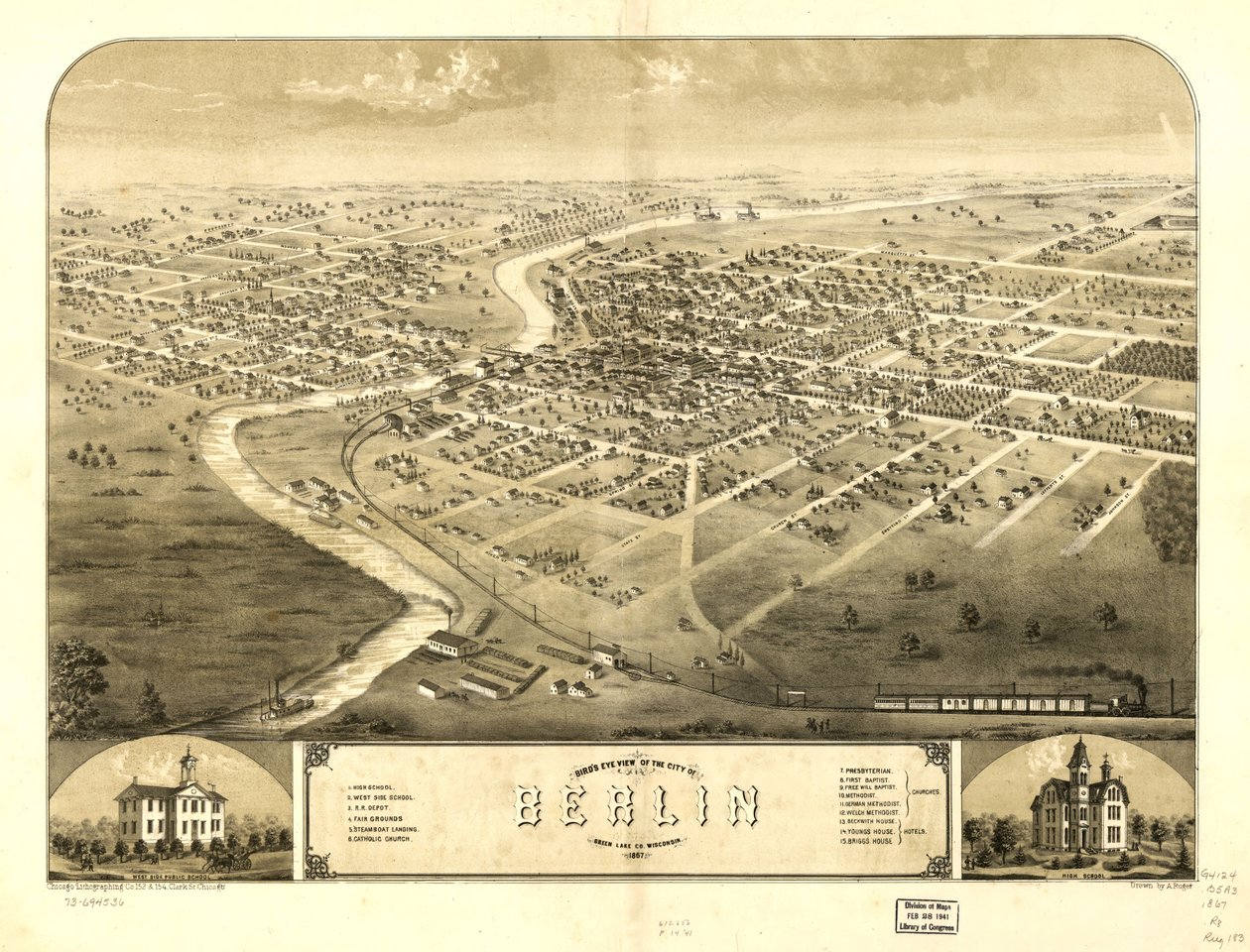 Gezicht in vogelvlucht op de stad Berlijn, Green Lake Co, Wisconsin 1867. LOC 73694536 door A.; Chicago Lithographing Co. Ruger