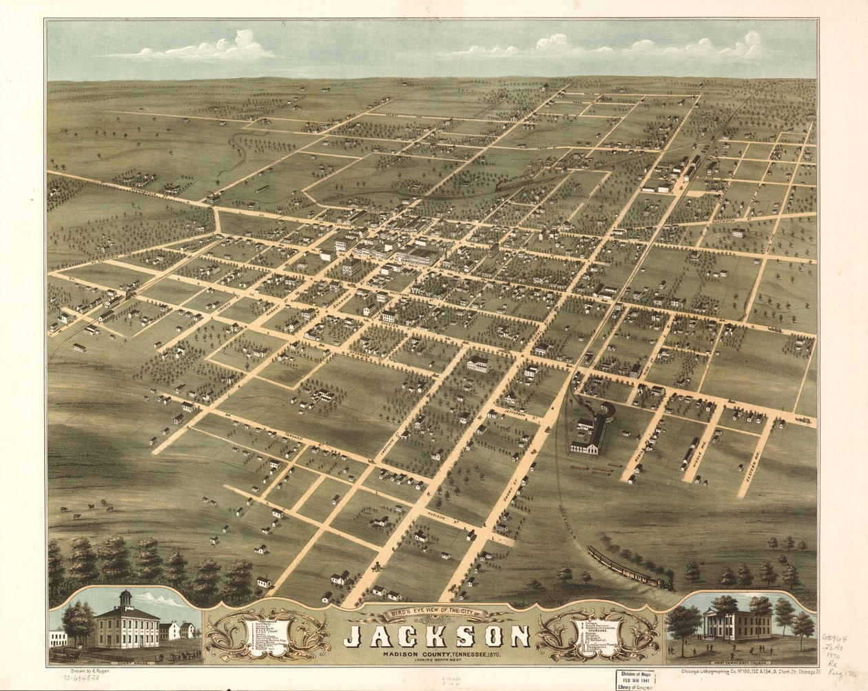 Gezicht in vogelvlucht op de stad Jackson, Madison County, Tennessee 1870. LOC 73694528 door A.; Chicago Lithographing Co. Ruger