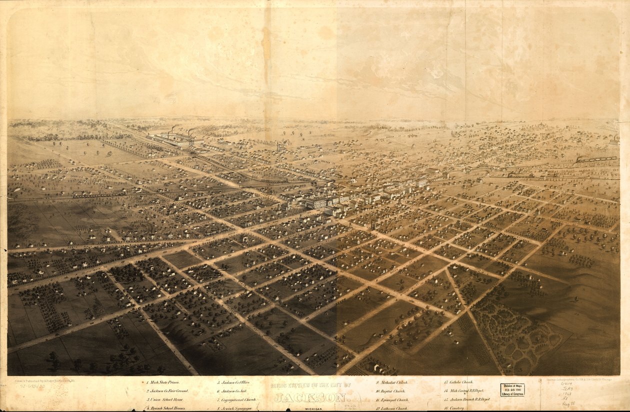 Vogelvlucht van de stad Jackson, Michigan. LOC 73693433 door A.; Chicago Lithographing Co. Ruger