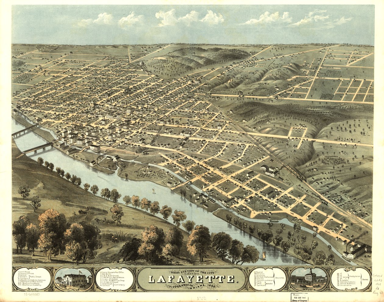 Gezicht in vogelvlucht op de stad Lafayette, Tippecanoe Co, Indiana 1868. LOC 73693383 door A.; Chicago Lithographing Co. Ruger