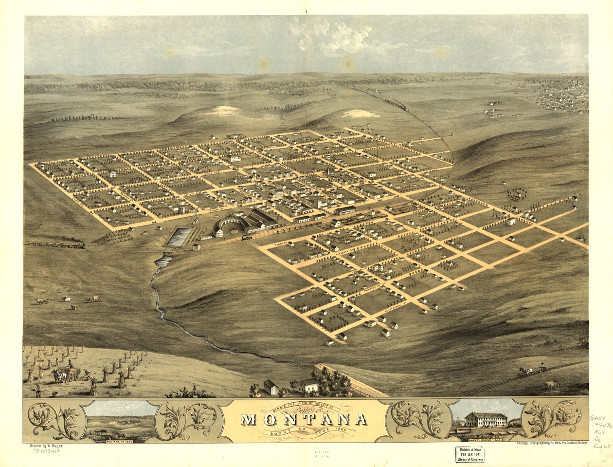 Gezicht in vogelvlucht op de stad Montana, Boone Co, Iowa 1868. LOC 73693404 door A.; Chicago Lithographing Co. Ruger