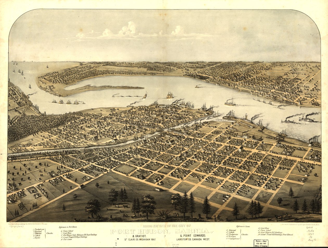Vogelvlucht van de stad Port Huron, Sarnia  Gratiot, St. Clair Co., Michigan 1867  Point Edwards, Lambton Co., Canada west. LOC 73693443 door A.; Chicago Lithographing Co. Ruger