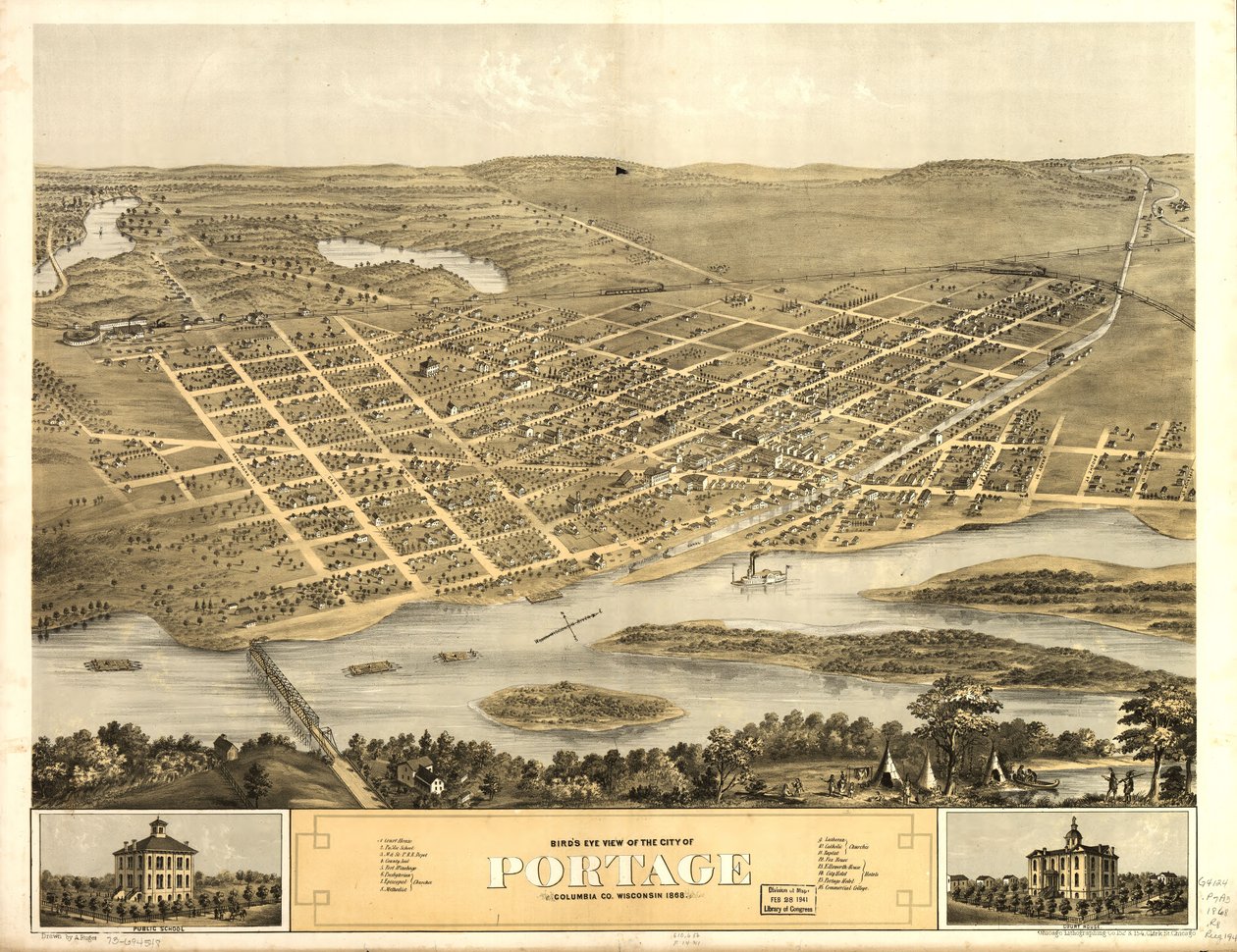 Gezicht in vogelvlucht op de stad Portage, Columbia Co, Wisconsin 1868. LOC 73694548 door A.; Chicago Lithographing Co. Ruger