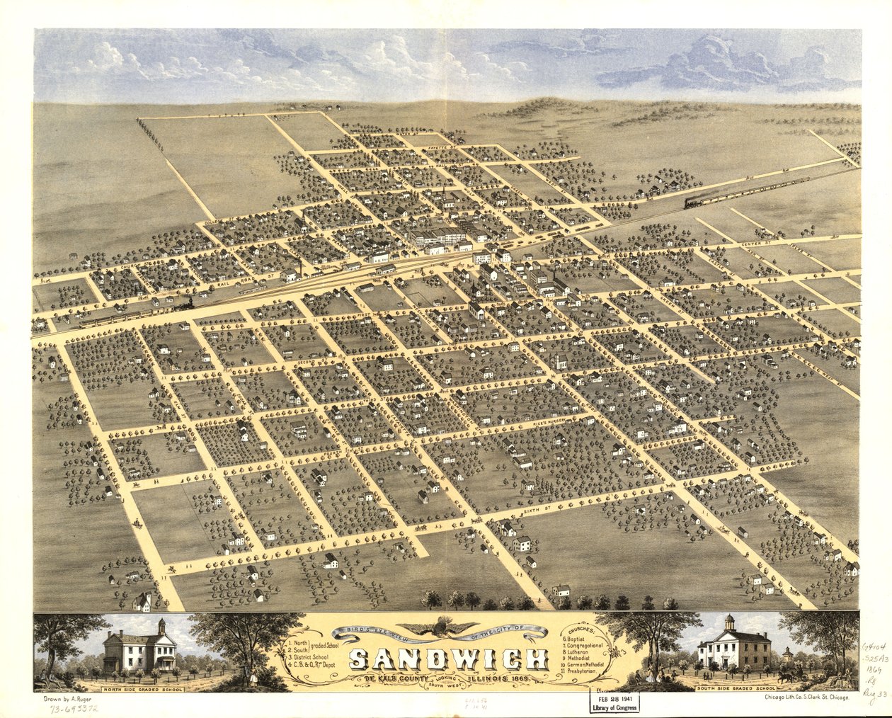 Gezicht in vogelvlucht op de stad Sandwich, De Kalb County, Illinois 1869. LOC 73693372 door A.; Chicago Lithographing Co. Ruger