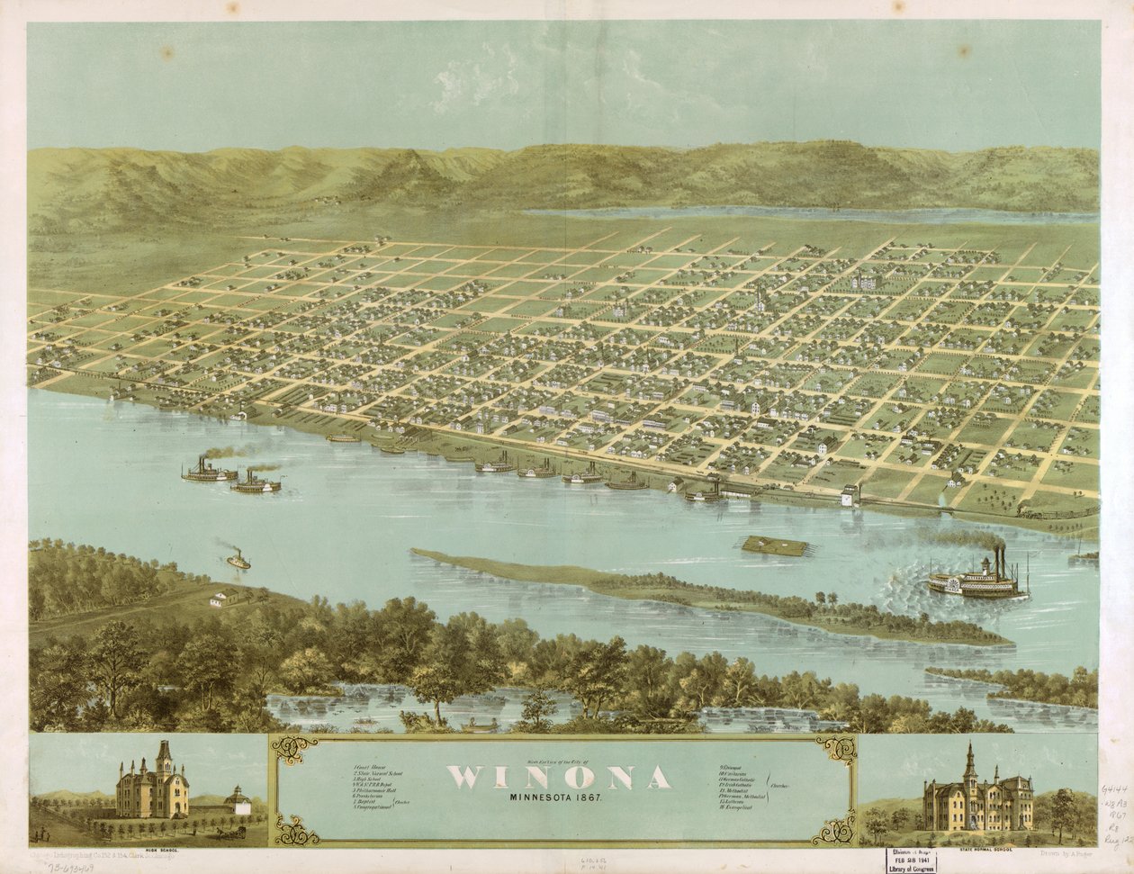 Vogelvlucht van de stad Winona, Minnesota 1867. LOC 73693469 door A.; Chicago Lithographing Co. Ruger