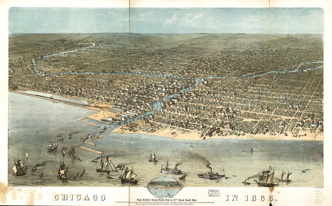 Chicago in 1868 van Schiller Street noordzijde tot 12th Street zuidzijde. LOC 73693350 door A.; Chicago Lithographing Co. Ruger