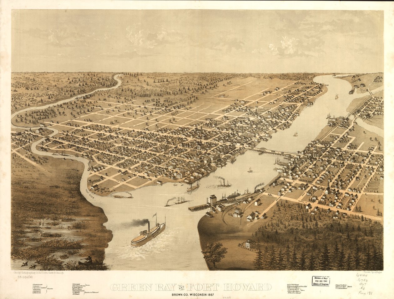 Green Bay en Fort Howard, Brown Co, Wisconsin 1867. LOC 73694541 door A.; Chicago Lithographing Co. Ruger