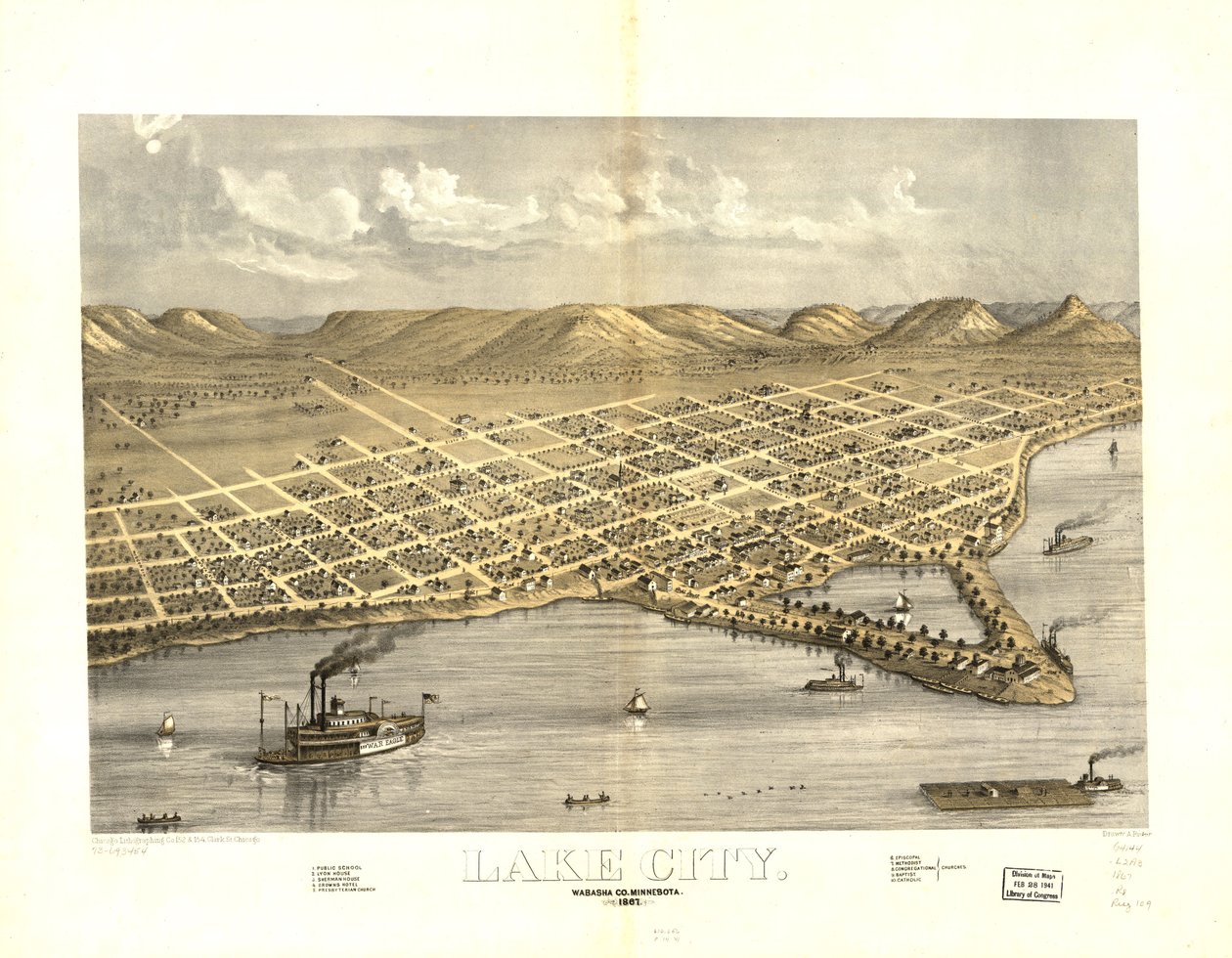 Lake City, Wabasha Co., Minnesota 1867. LOC 73693454 door A.; Chicago Lithographing Co. Ruger