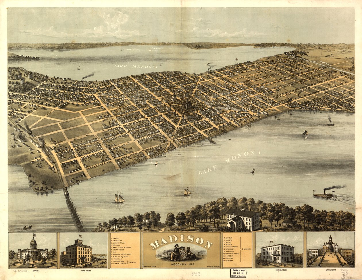 Madison, Wisconsin 1867. LOC 73694546 door A.; Chicago Lithographing Co. Ruger