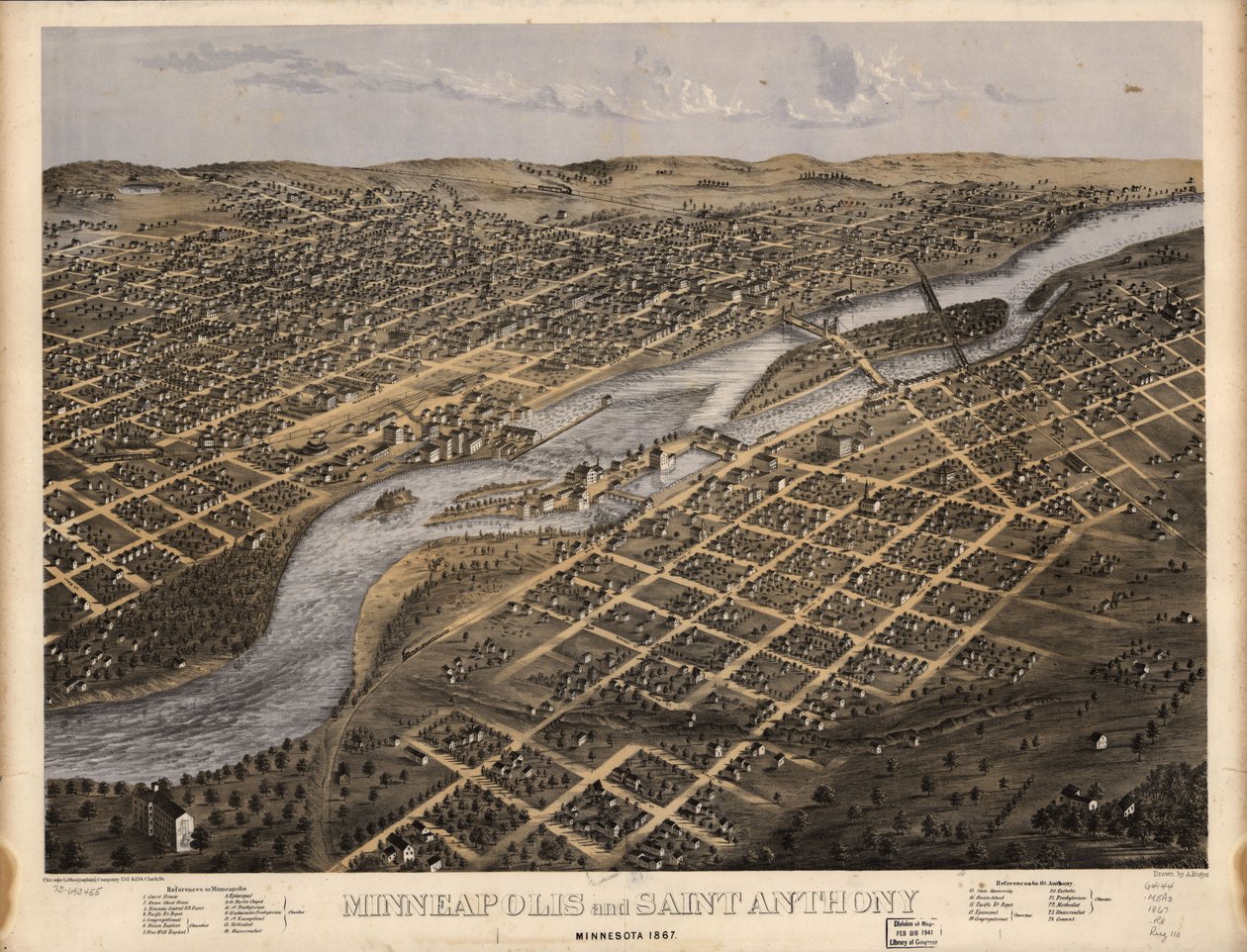 Minneapolis en Saint Anthony, Minnesota 1867. LOC 73693455 door A.; Chicago Lithographing Co. Ruger