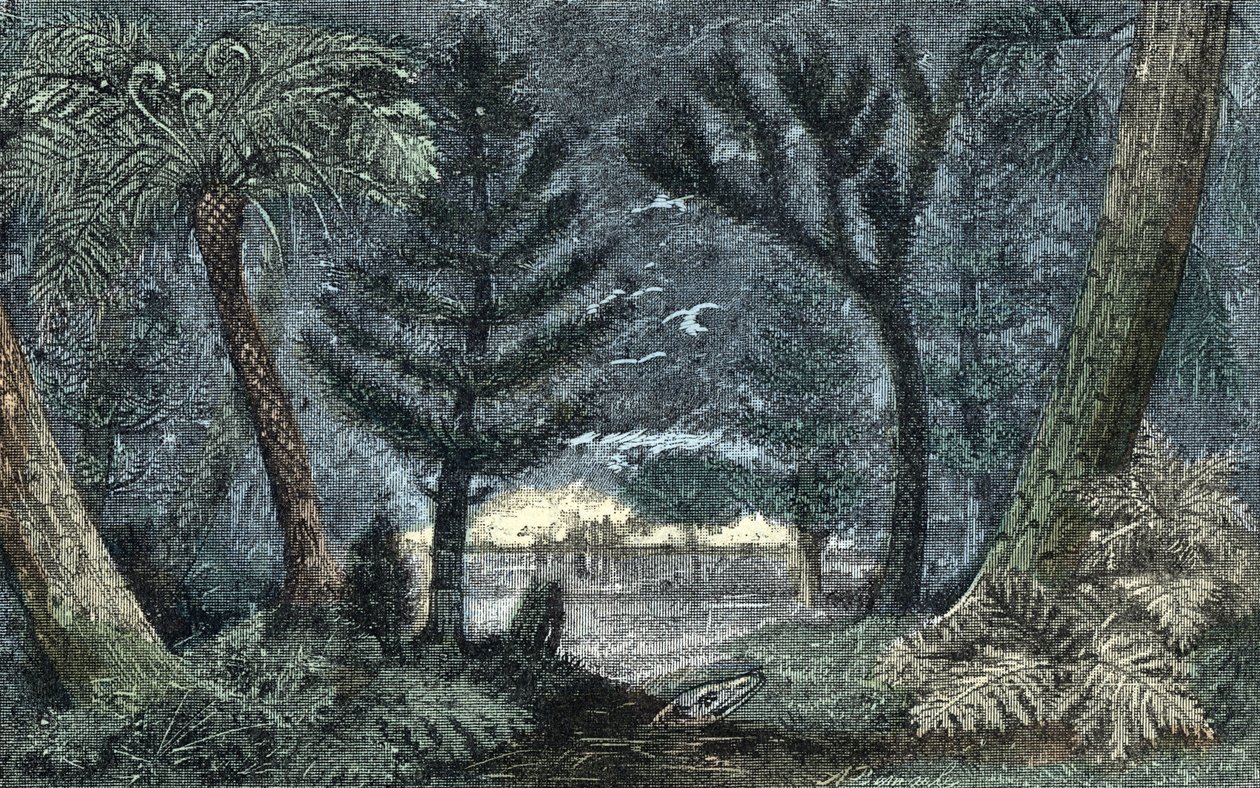 Prehistorie: karakteristiek landschap met moeras en bos door A. Demarle