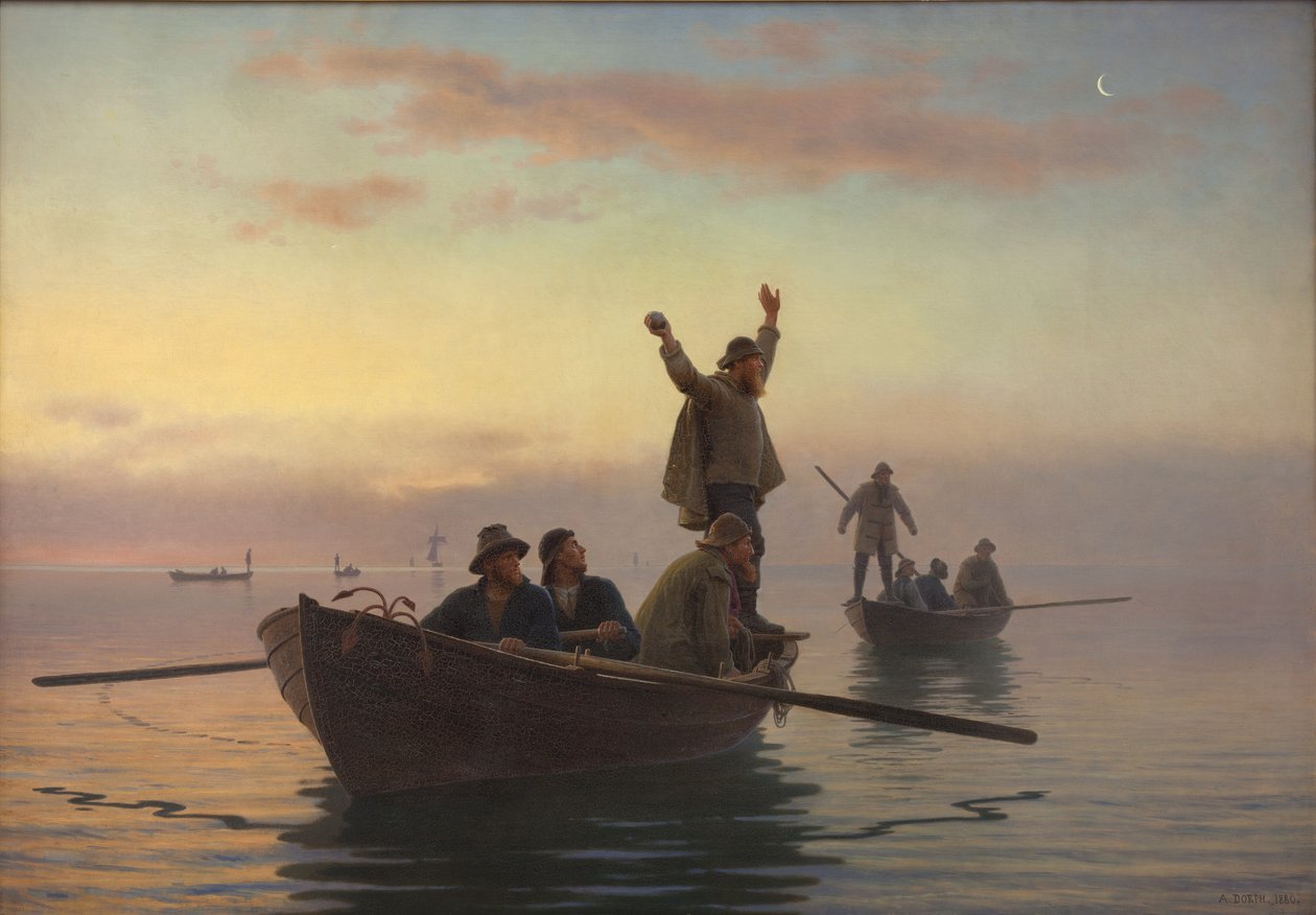 Hornvisvangst met drijfnet. Vroege ochtend door A. Dorph
