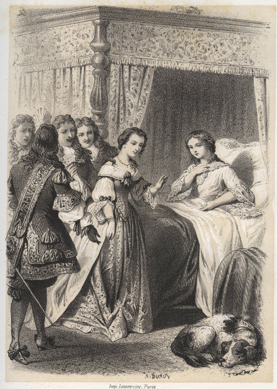 Madame Deshoulieres, Antoinette Ligier de La garde (1637-1694) overweldigd door vragen van haar entourage na een nacht vol angst voor de geest. Gravure door A. Duruy in 