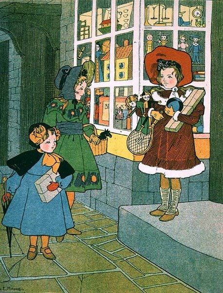 Een Bezoek aan de Speelgoedwinkel, pagina uit een geïllustreerd kinderboek door A. E. Moore