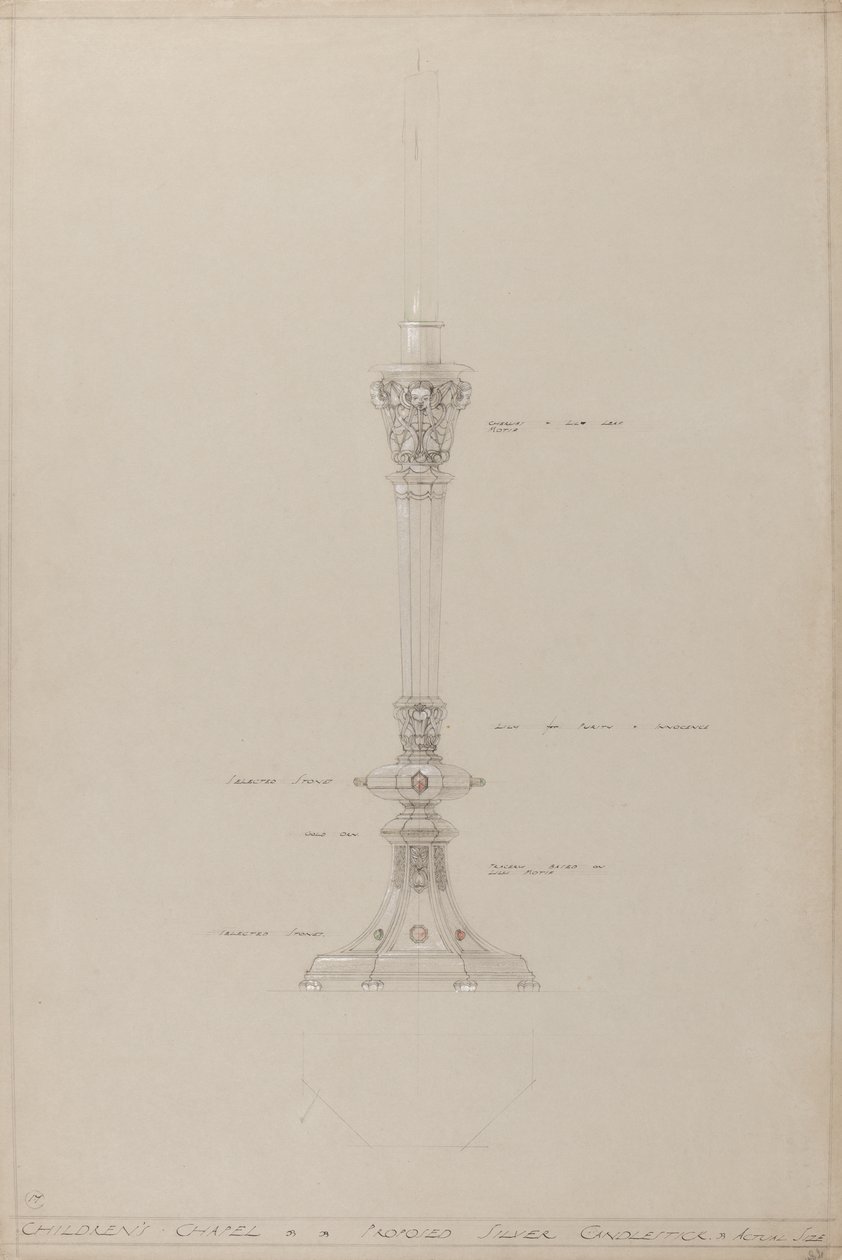 Kinderkapel: voorgestelde zilveren kandelaar, werkelijke grootte door A. Edward Jones and Co.