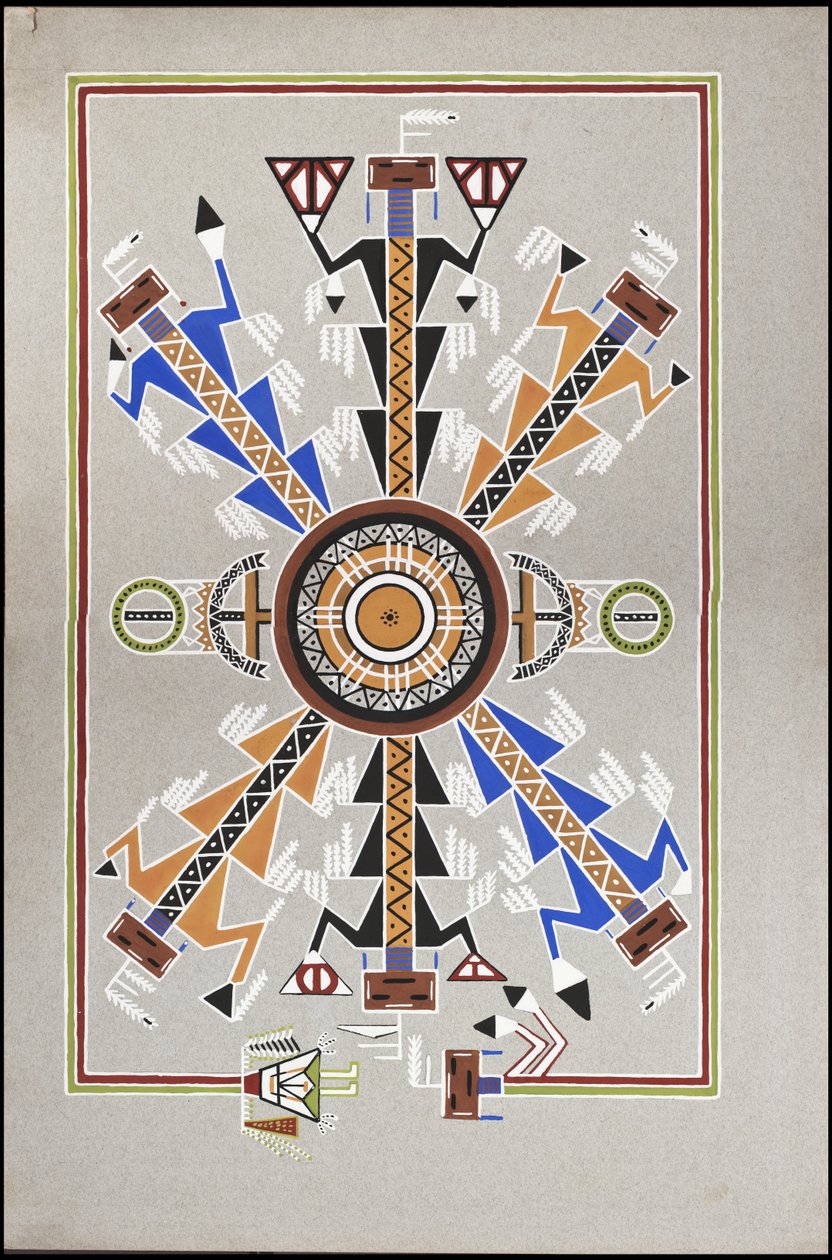 Tekeningen die de begraafplaats van "Cadunce" een Chippewa Indiaanse "Medicijnman", een Navajo zandtekening en Crow steen schilderijen weergeven door A. Grossman