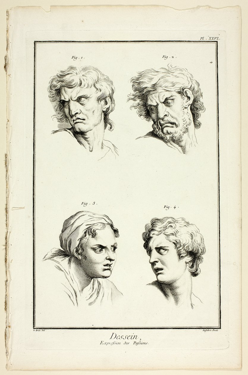Tekening: Uitdrukkingen van Emotie (Haat of Jaloezie, Woede, Verlangen, Fysieke Pijn), uit Encyclopédie door A. J. Defehrt