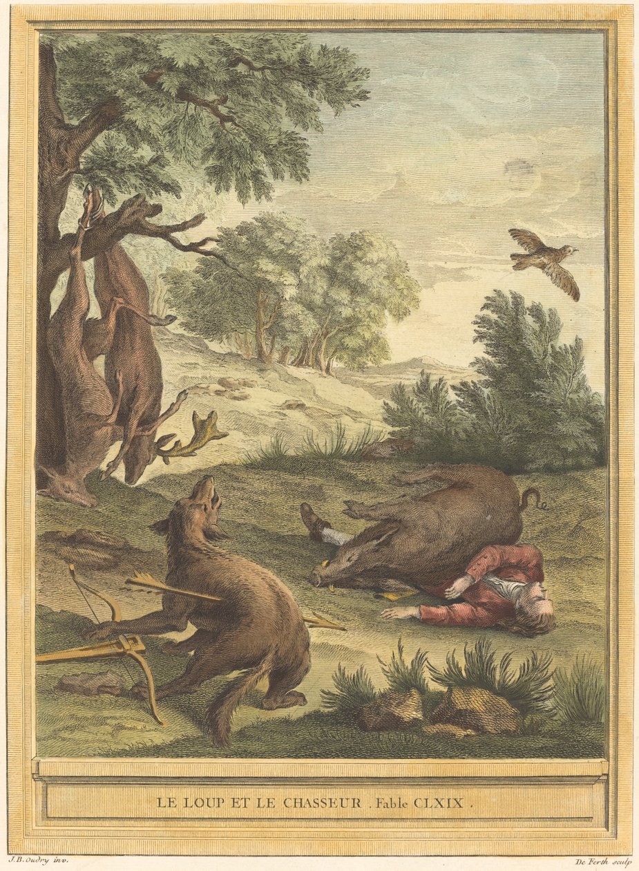 De wolf en de jager door A. J. de Fehrt after Jean Baptiste Oudry