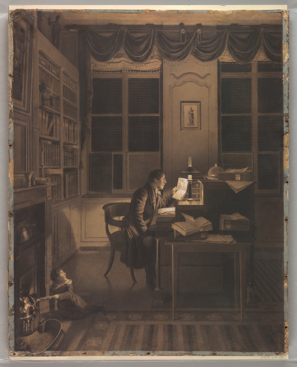 Tekening, Interieur met een lezende man aan zijn bureau, 1827 door A. L. Leroy