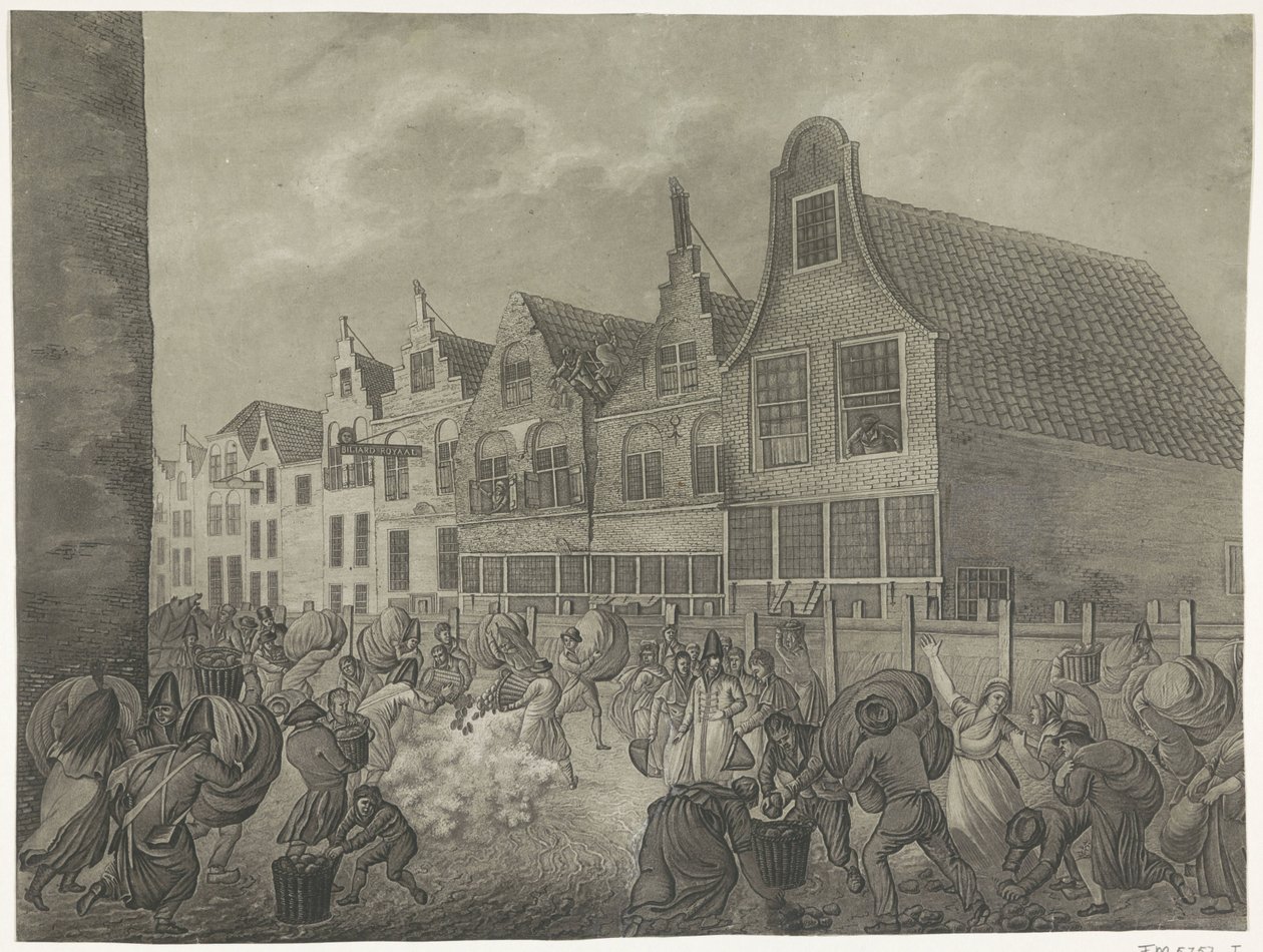 Bezwijking van de bekisting langs de Kortendijk in Gorinchem, 1809 Vier platen van de watersnood in 1809 opgedragen aan koning Lodewijk Napoleon (series title) door A. Lutz