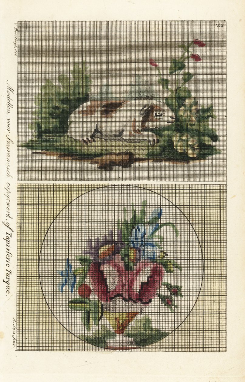 Patronen voor Turkse tapijten: cavia in een tuin en boeket bloemen in een vaas door A. Lutz
