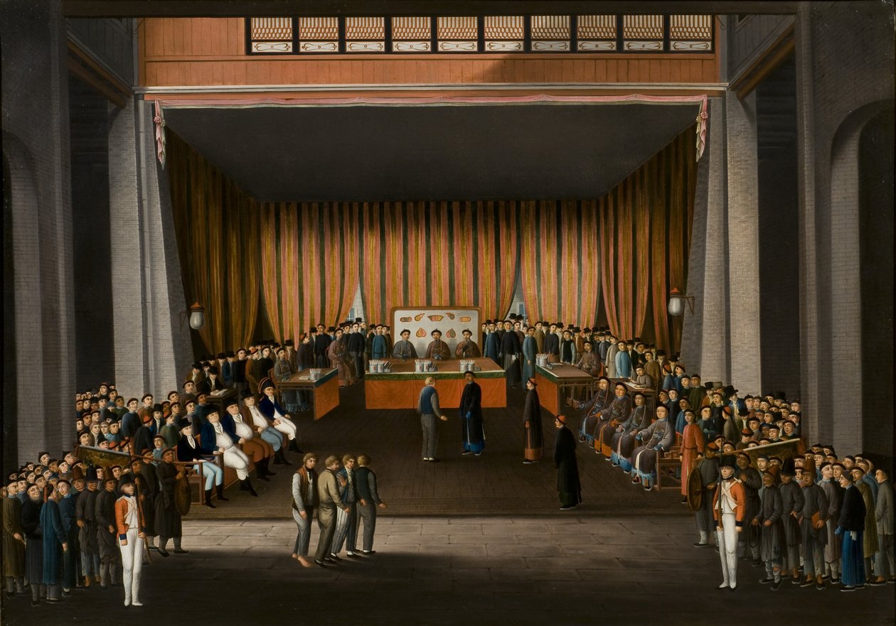 Chinese rechtbank in de hal van de Britse fabriek in Canton, 9 april 1807, c.1810 door A. Roland Knight
