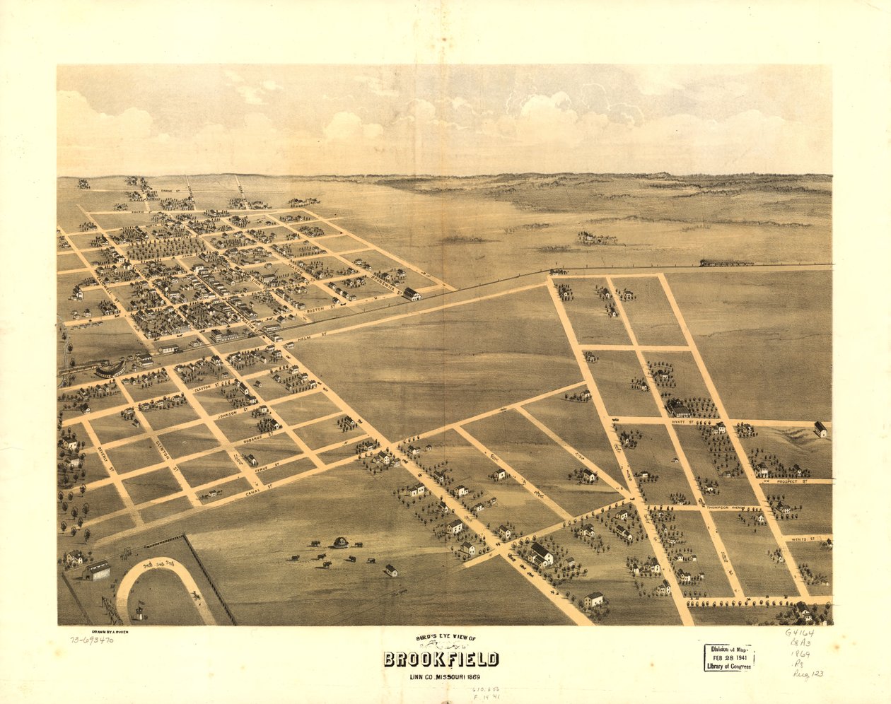 Vogelvlucht van Brookfield, Linn Co, Missouri 1869. LOC 73693470 door A. Ruger