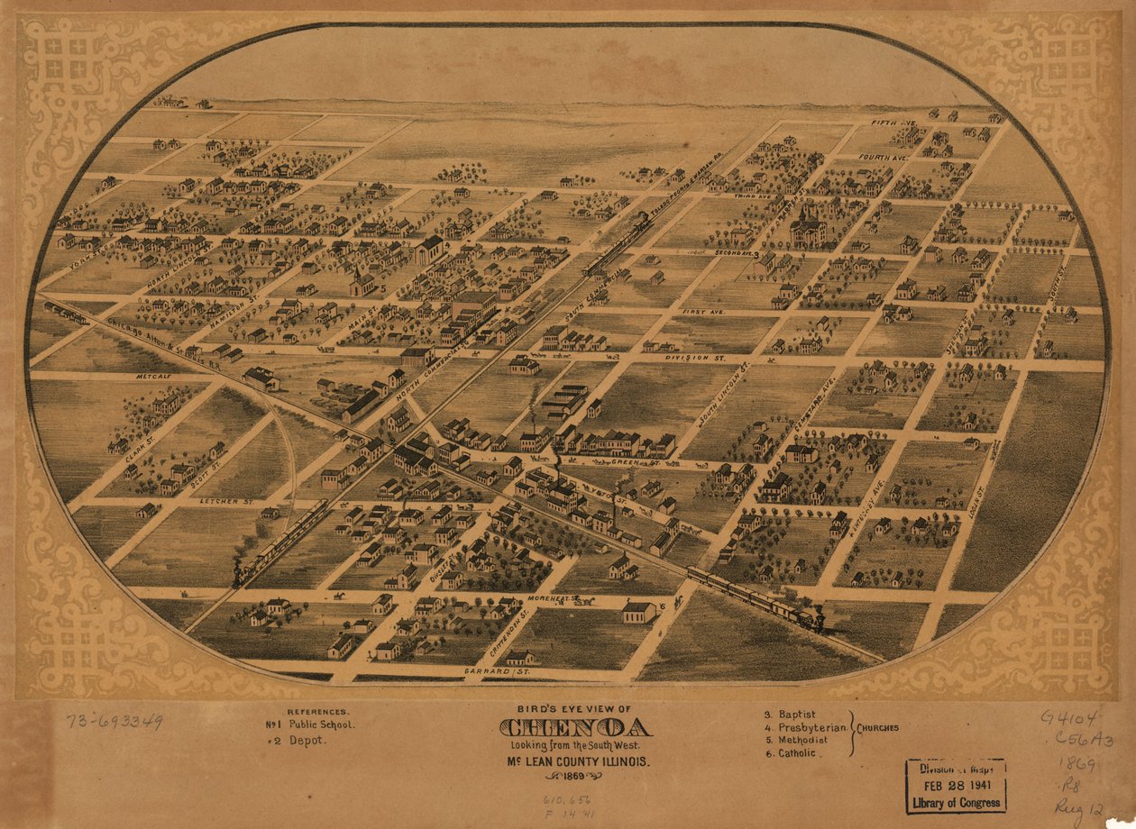 Vogelvlucht van Chenoa, McLean County, Illinois 1869. LOC 73693349 door A. Ruger