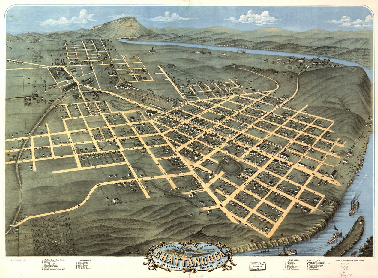 Vogelvlucht van de stad Chattanooga, Hamilton County, Tennessee 1871 door A. Ruger