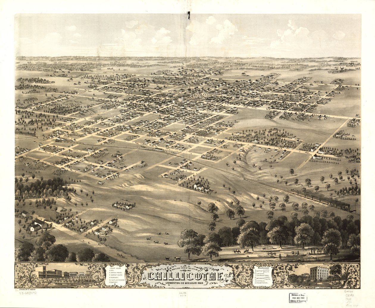 Gezicht in vogelvlucht op de stad Chillicothe, Livingston Co, Missouri 1869. LOC 73693472 door A. Ruger