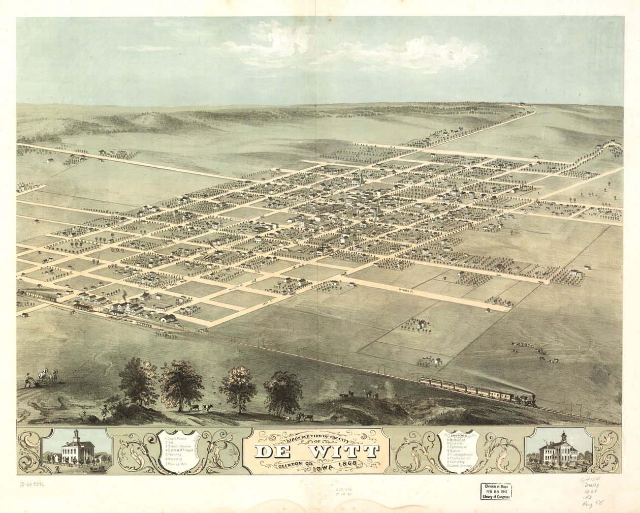 Vogelvluchtperspectief van de stad De Witt, Clinton Co, Iowa 1868. LOC 73693396 door A. Ruger