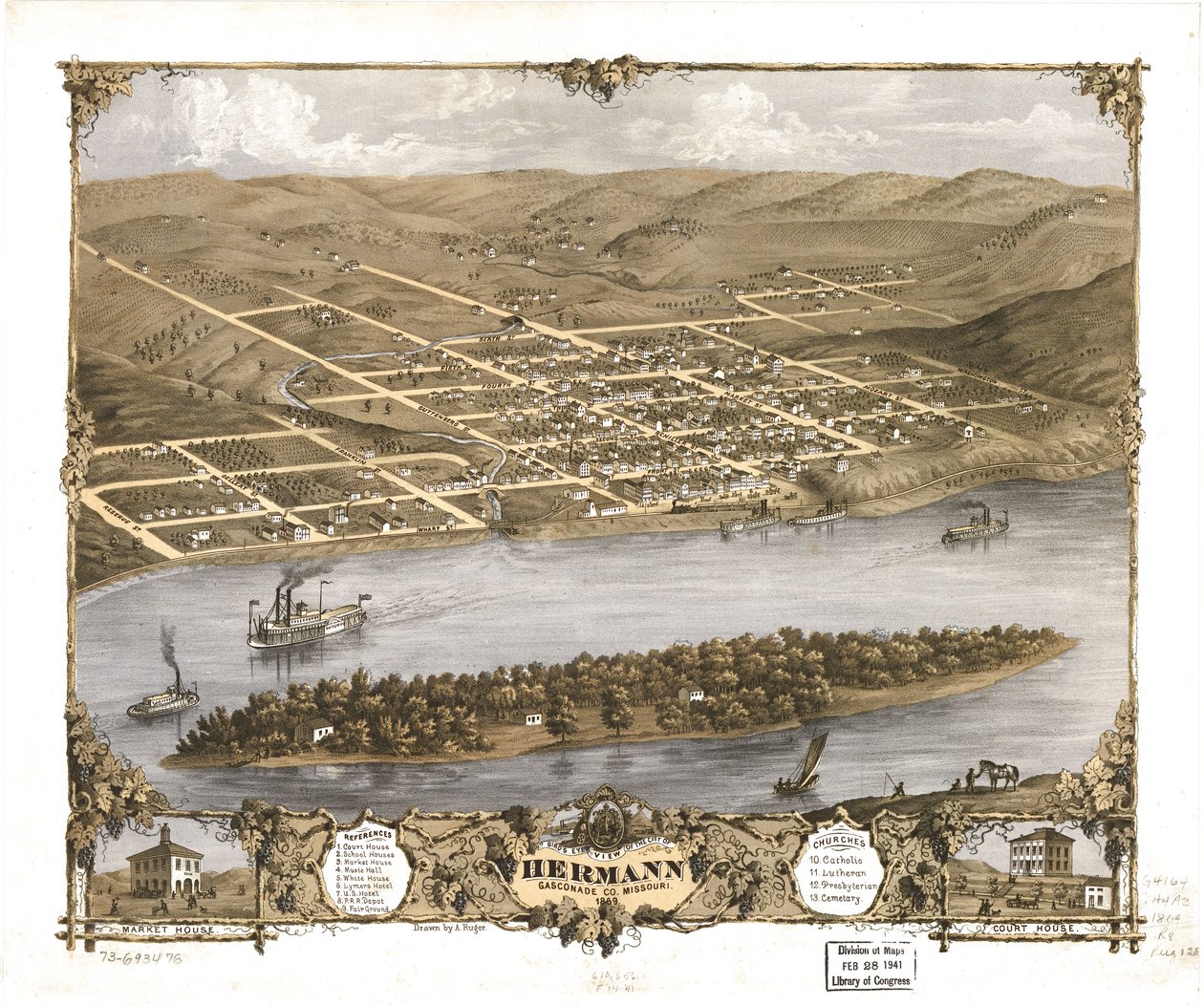 Vogelvlucht van de stad Hermann, Gasconade Co, Missouri 1869. LOC 73693476 door A. Ruger