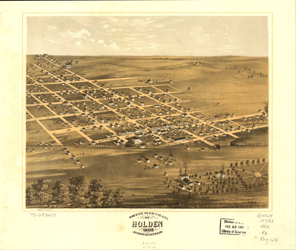 Gezicht in vogelvlucht op de stad Holden, Johnson Co, Missouri 1869. LOC 73693477 door A. Ruger