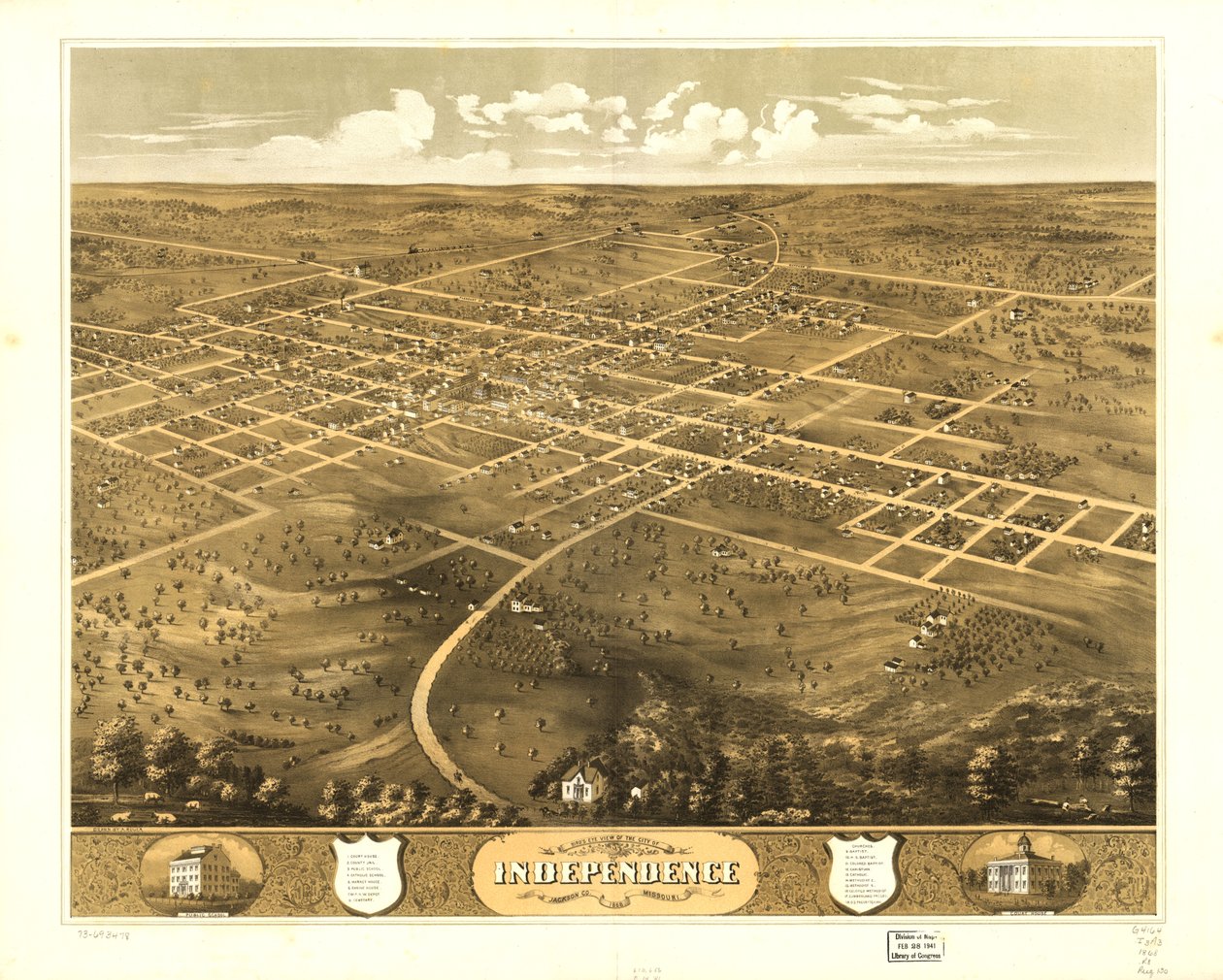 Gezicht in vogelvlucht op de stad Independence, Jackson Co, Missouri 1868. LOC 73693478 door A. Ruger