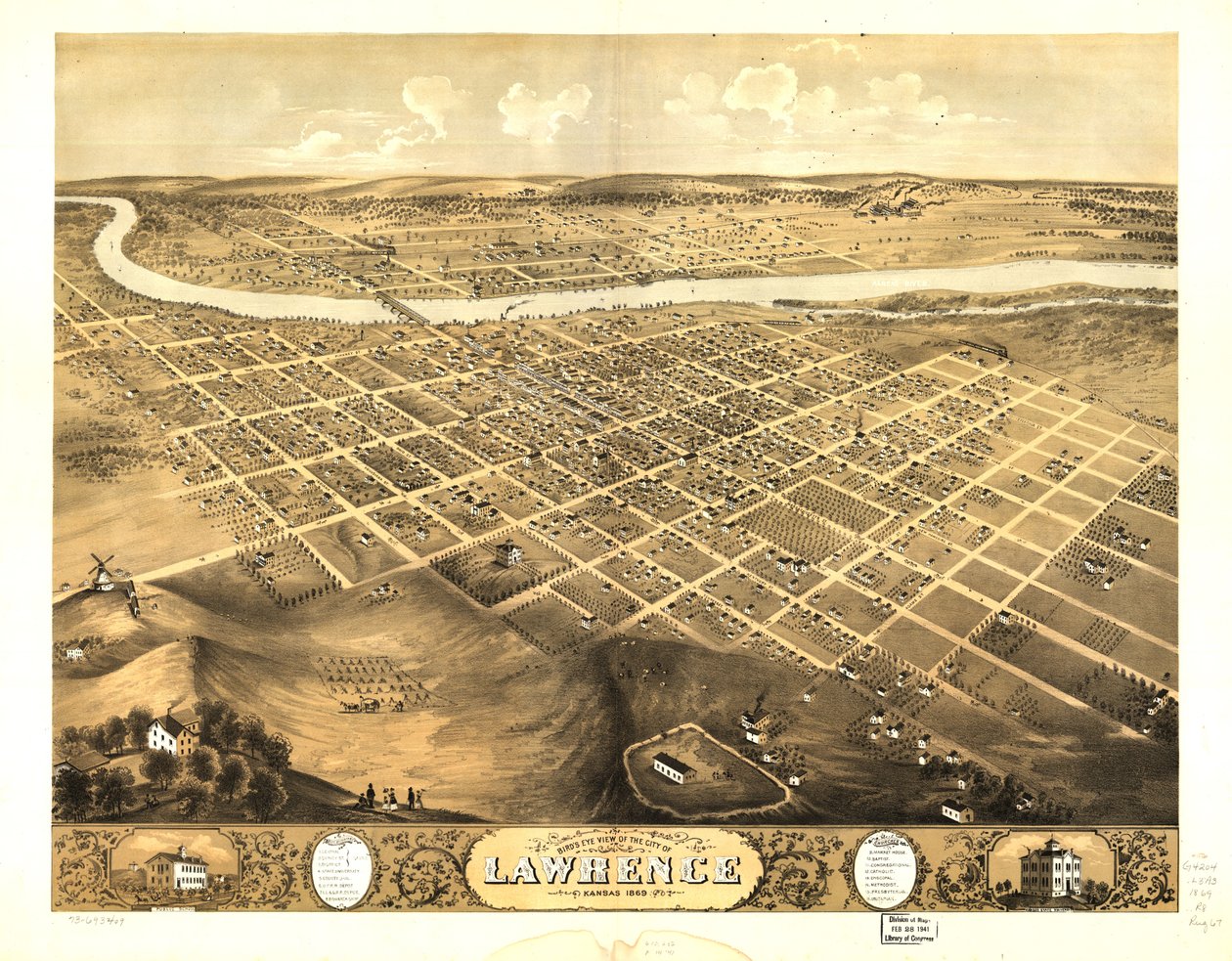 Gezicht in vogelvlucht op de stad Lawrence, Kansas 1869. LOC 73693409 door A. Ruger