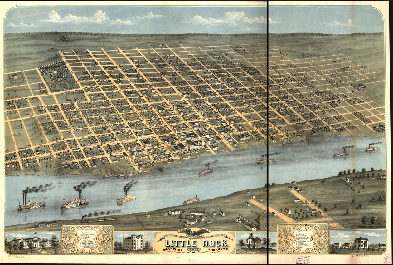Vogelvlucht van de stad Little Rock, de hoofdstad van Arkansas 1871 door A. Ruger