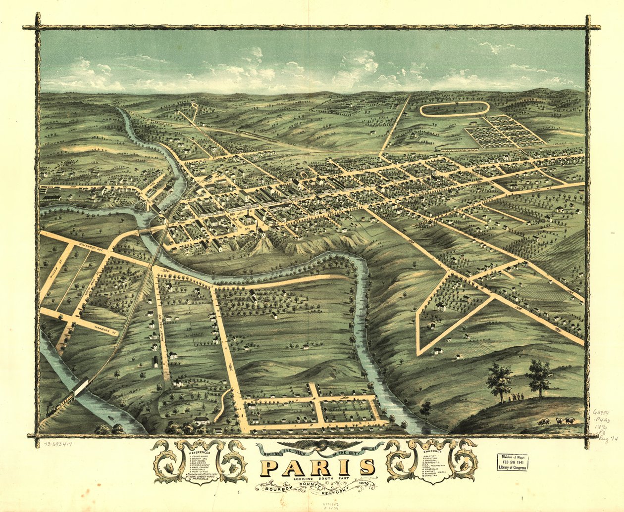 Gezicht in vogelvlucht op de stad Paris, Bourbon County, Kentucky 1870. LOC 73693417 door A. Ruger