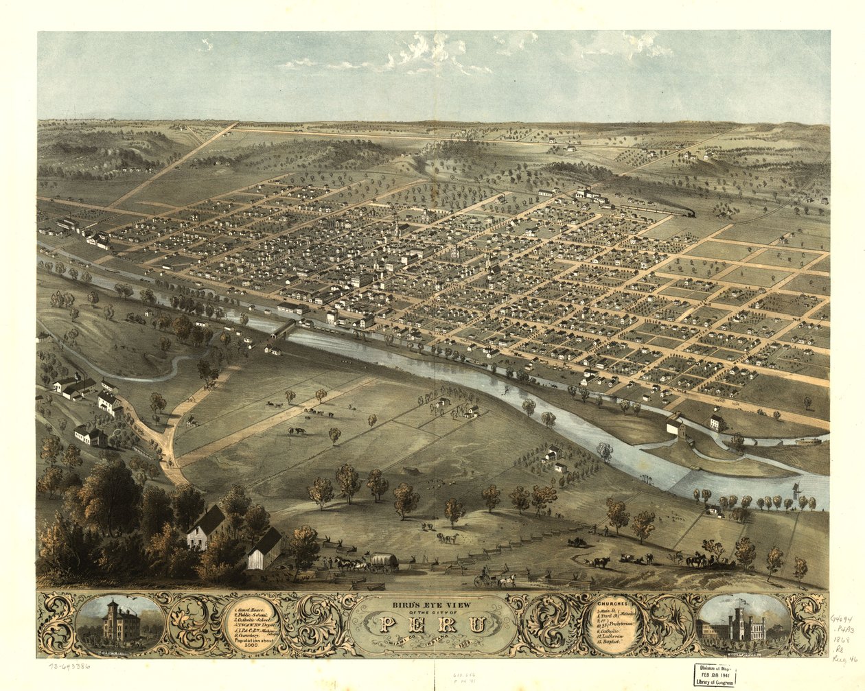 Gezicht in vogelvlucht op de stad Peru, Miami Co, Indiana 1868. LOC 73693386 door A. Ruger