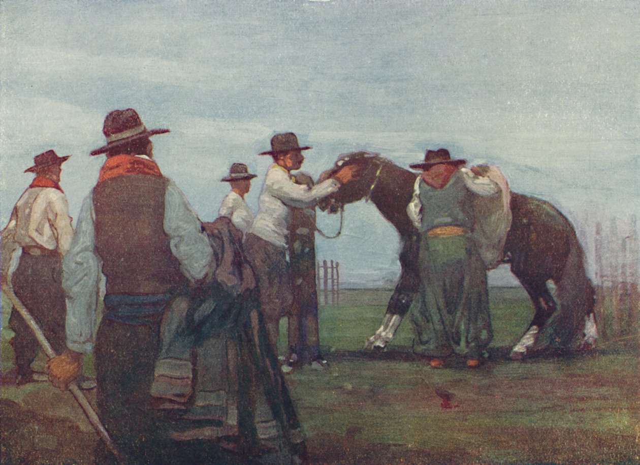 Gauchos temmen een jong paard, 1916 door A. S. Forrest