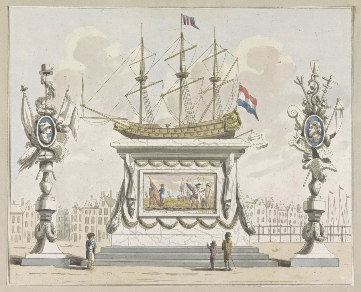 Koophandel en Zeevaart, decoratie op de Nieuwmarkt, 1795 door A. Verkerk